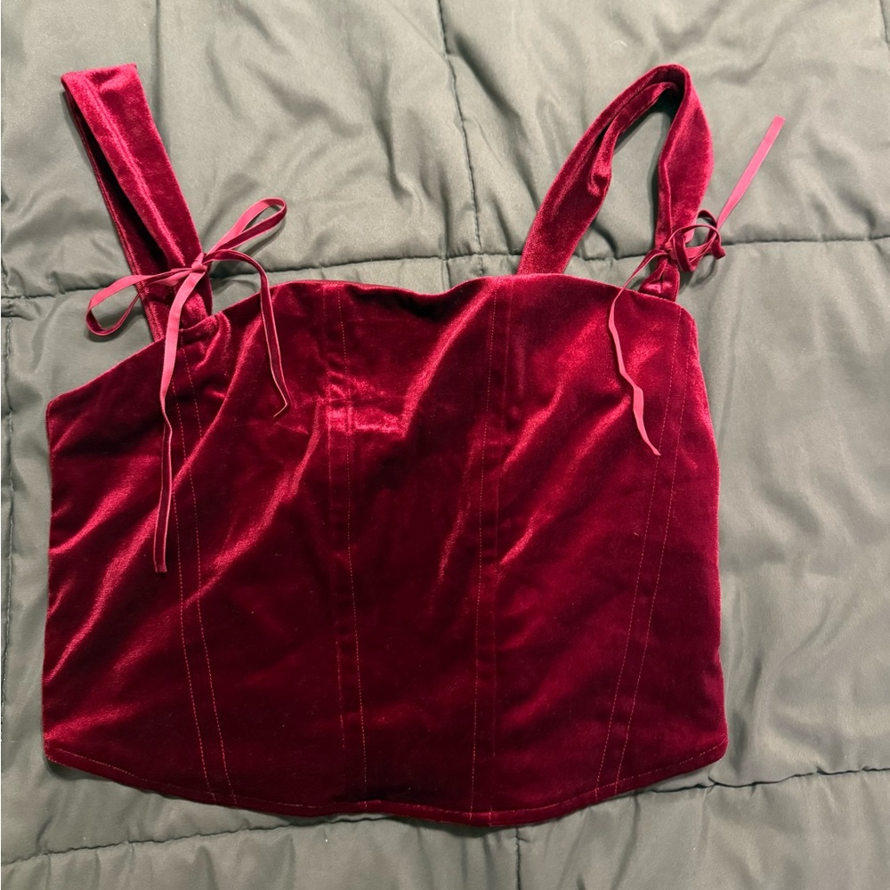 Velvet Tie-Strap Crop Top - Burgundy